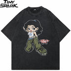 Retro Black Cartoon Girl Washed T-Shirt — front view