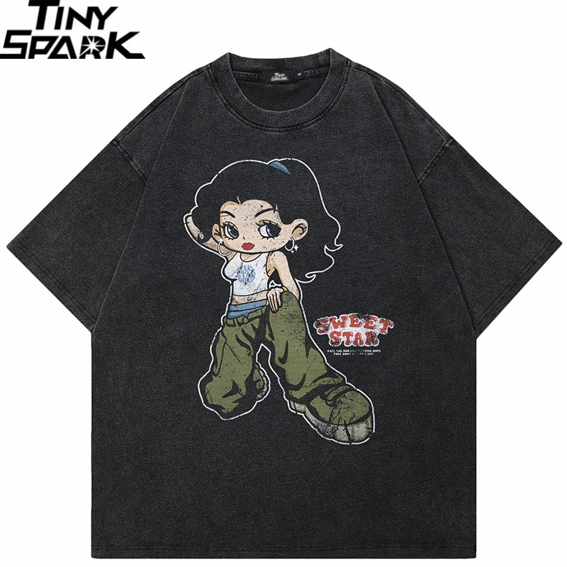 Retro Black Cartoon Girl Washed T-Shirt — front view