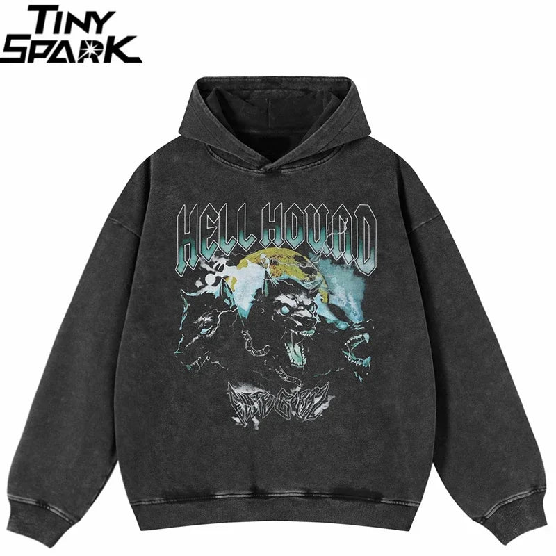 Washed Black Dog Graphic Oversized Hoodie — front view