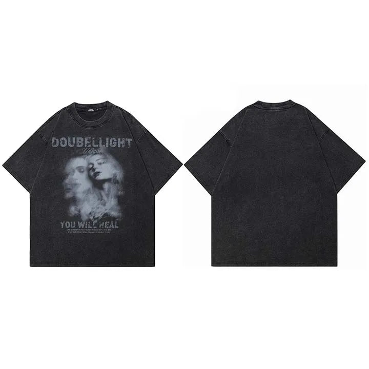 Soulmate Vintage Black Shadow Graphic Oversized T-Shirt — fabric close-up