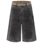 Black Vintage Blue Patchwork Loose Denim Shorts — detail shot