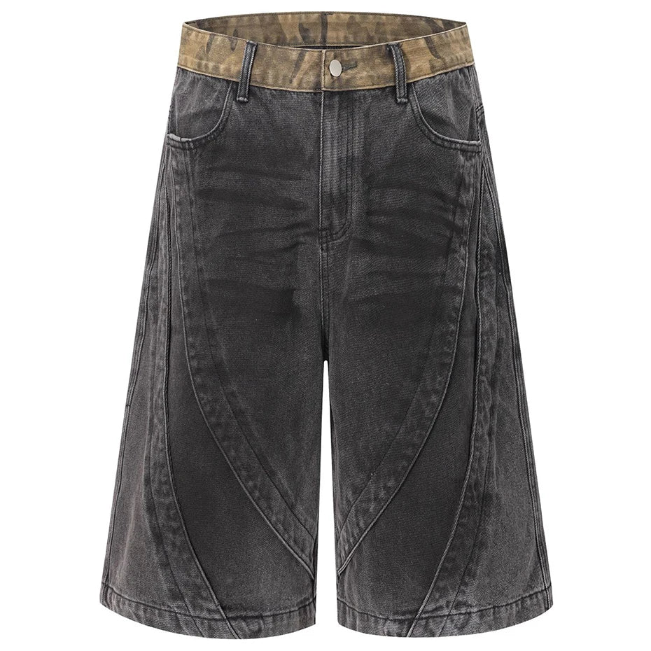 Black Vintage Blue Patchwork Loose Denim Shorts — detail shot