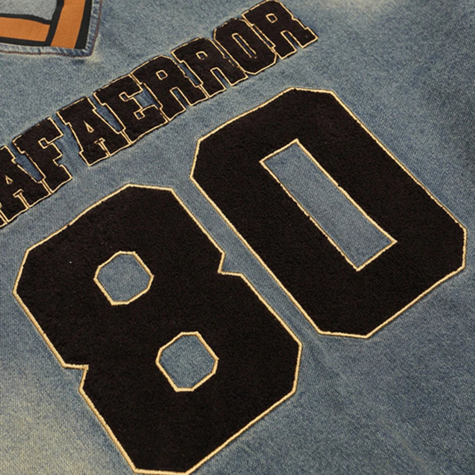 Vintage Letter Star Embroidered Denim Oversized Hoodie — detail shot