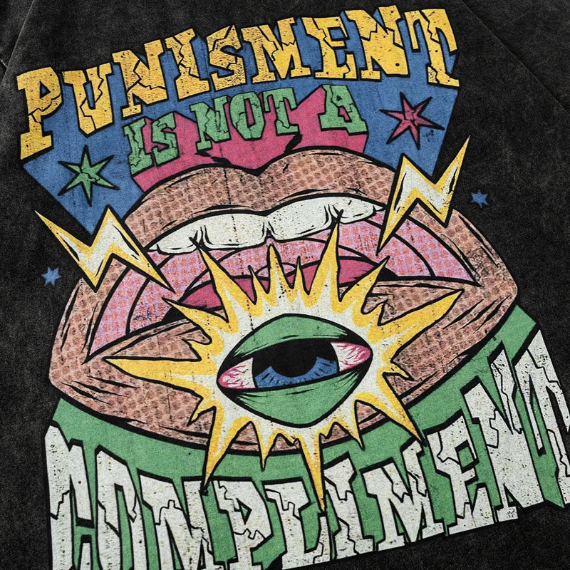 Vintage Black Cartoon Eye Washed T-Shirt — front view