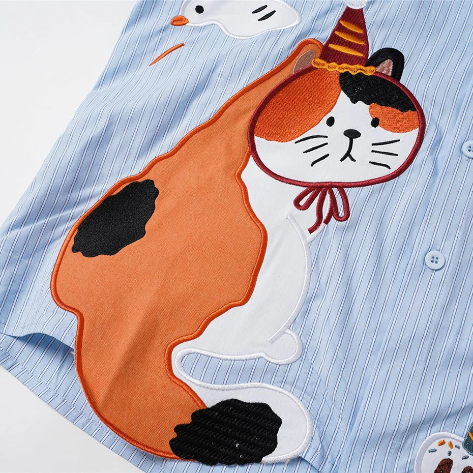 Button Cat Embroidered Loose Shirt — fit shot