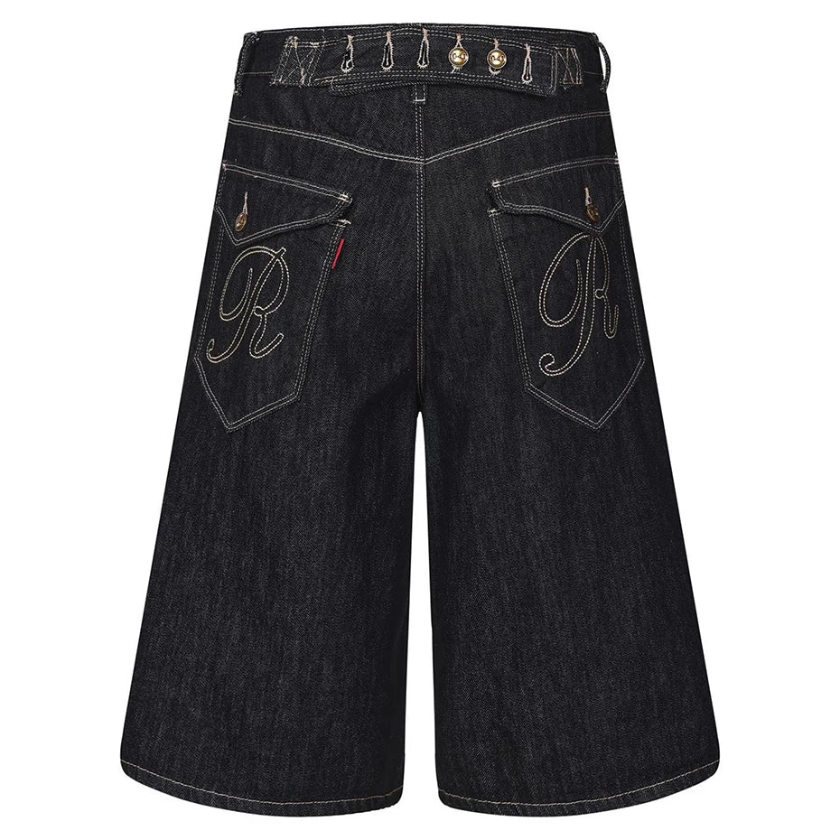 Black Blue Loose Denim Shorts — detail shot