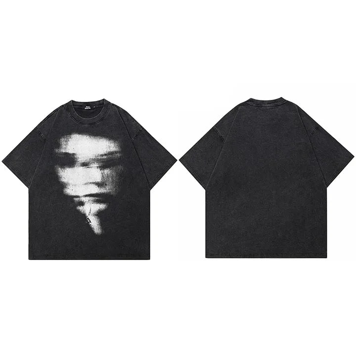 Retro Black Blurry Faces Washed T-Shirt — fabric close-up