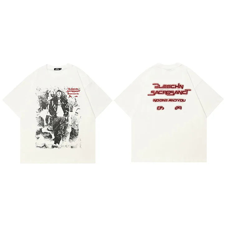Vintage White Print T-Shirt — fabric close-up