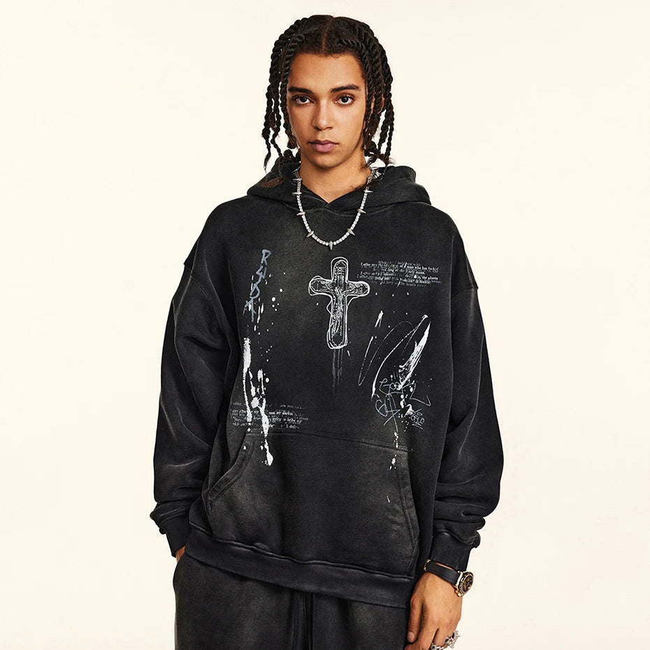 Vintage Cross Graphic Oversized Hoodie — fit shot