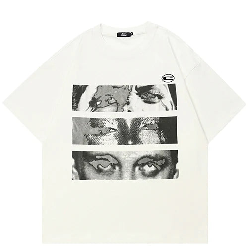 White Beige Eye Graphic T-Shirt — fabric close-up