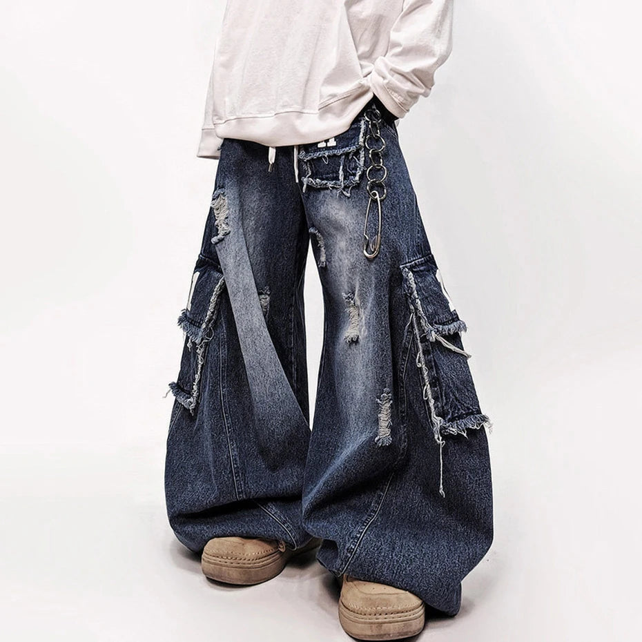 Vintage Blue Denim Baggy Ripped Jeans — front view