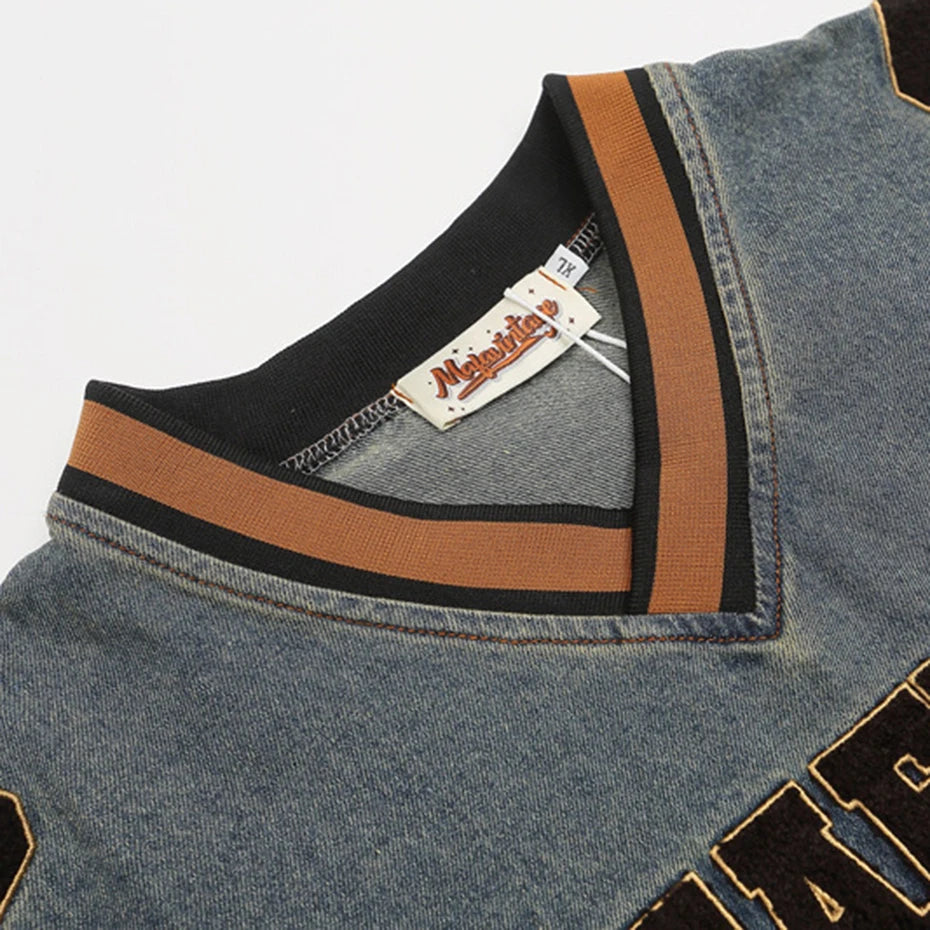 Vintage Letter Star Embroidered Denim Oversized Hoodie — back view