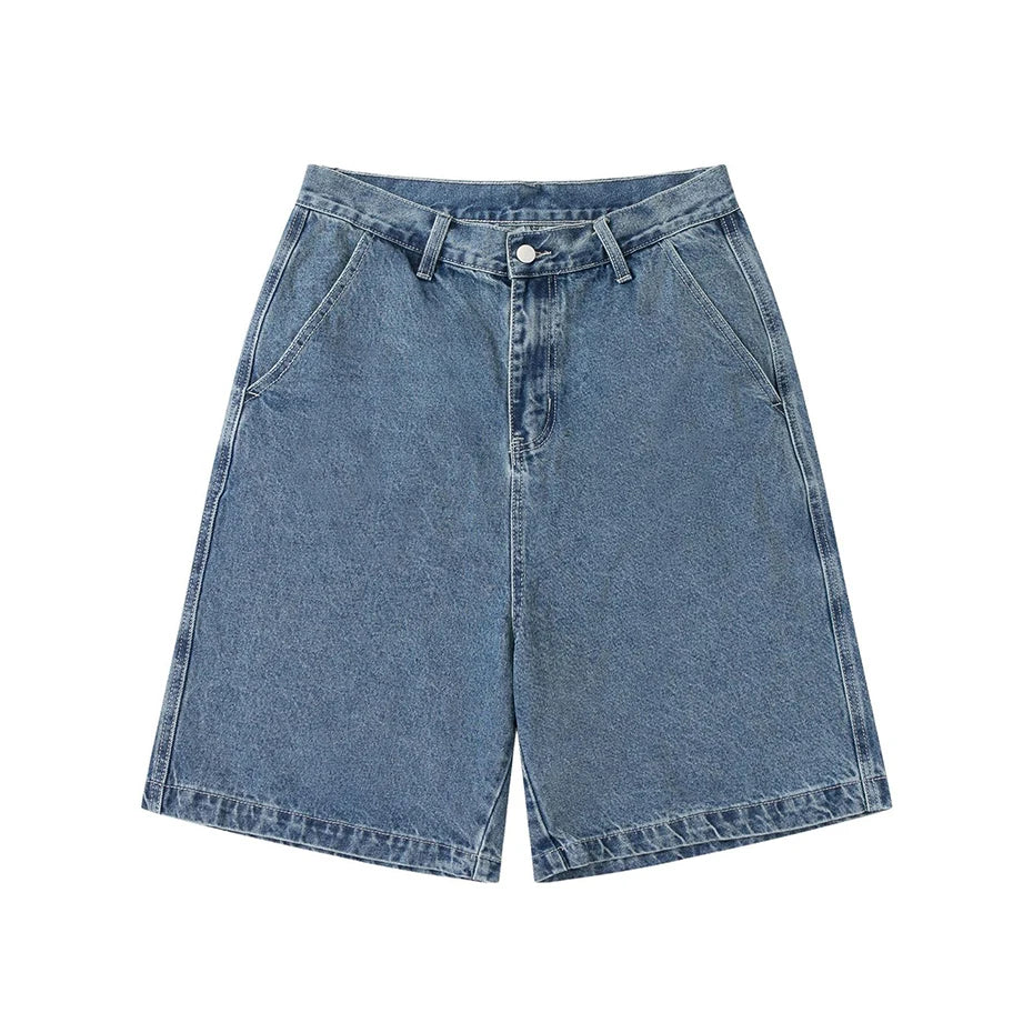 Blue Loose Denim Shorts — styling shot