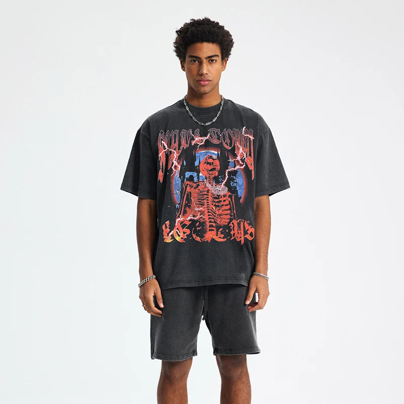 Black Skull Skeleton Washed T-Shirt — front view