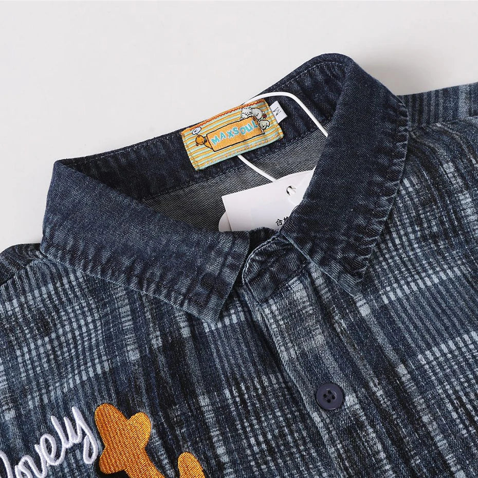 Y2K Vintage Cat Embroidered Denim Loose Shirt — back view