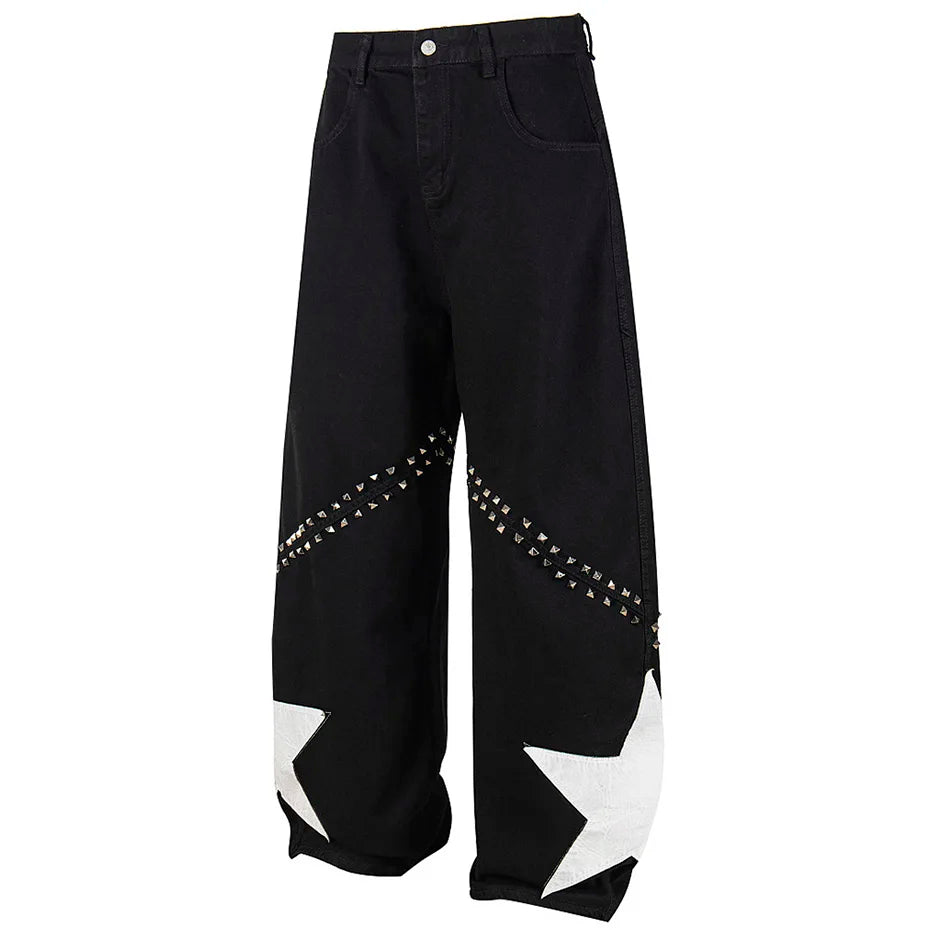 Punk Star Patchwork Denim Baggy Jeans — front view