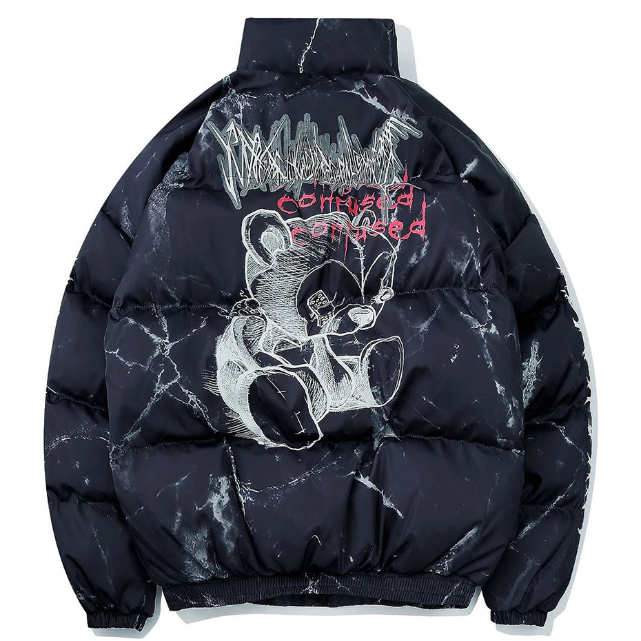 Black Lightning Bear Padded Oversized Puffer Jacket — back view
