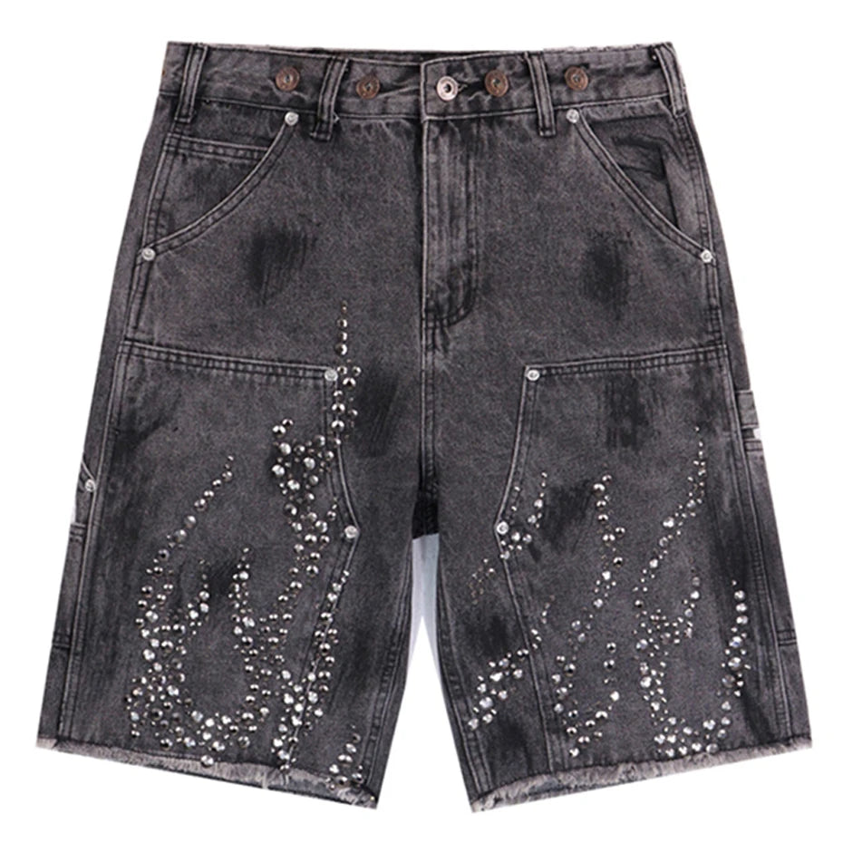Vintage Fire Rhinestone Graphic Denim Shorts — front view