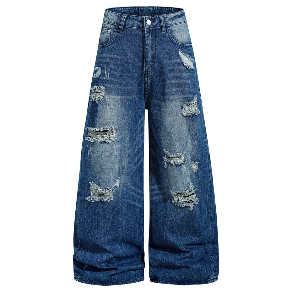 Vintage Blue Denim Baggy Ripped Jeans — fit shot