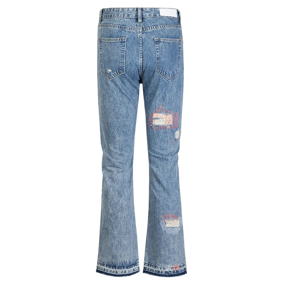 Red Denim Flare Ripped Jeans — front view