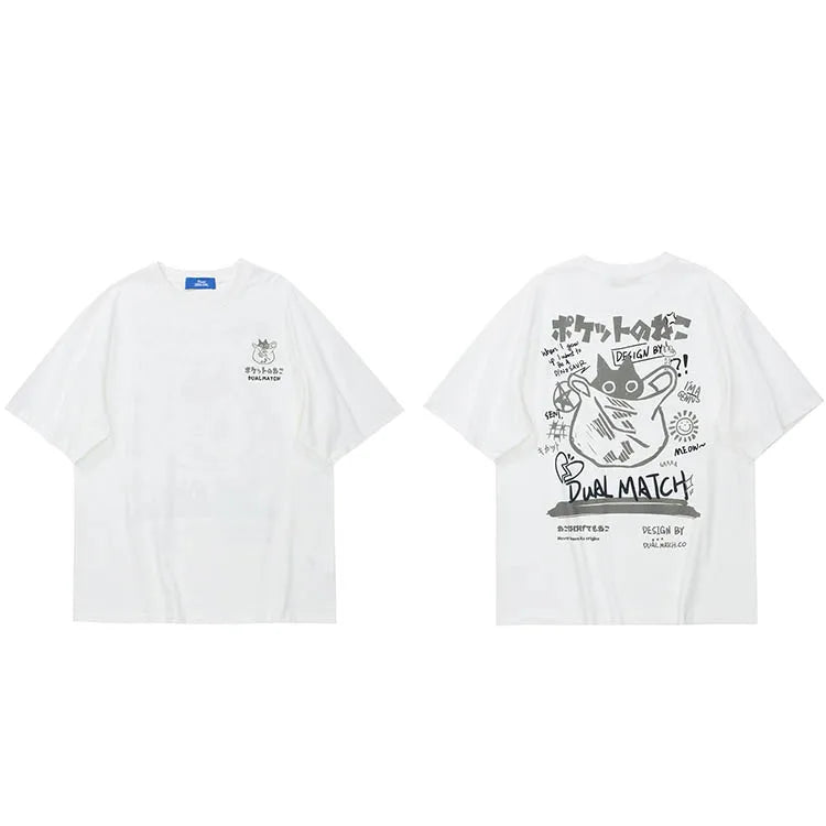 Kanji Cat Print T-Shirt — fabric close-up