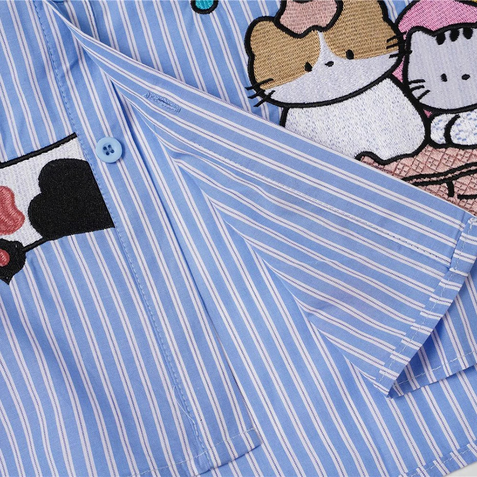 Cat Embroidered Loose T-Shirt — fabric close-up