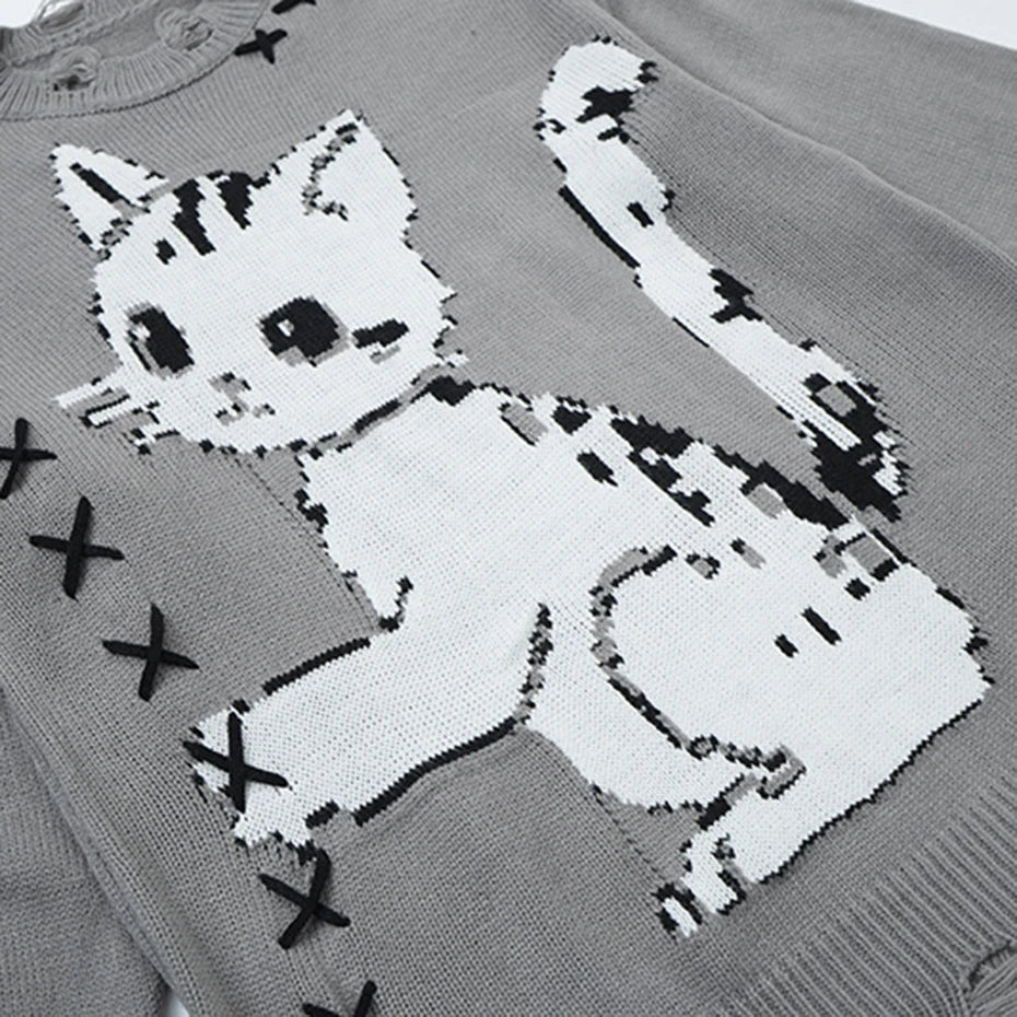 Funny Y2K Cat Knit Oversized Sweater — fit shot