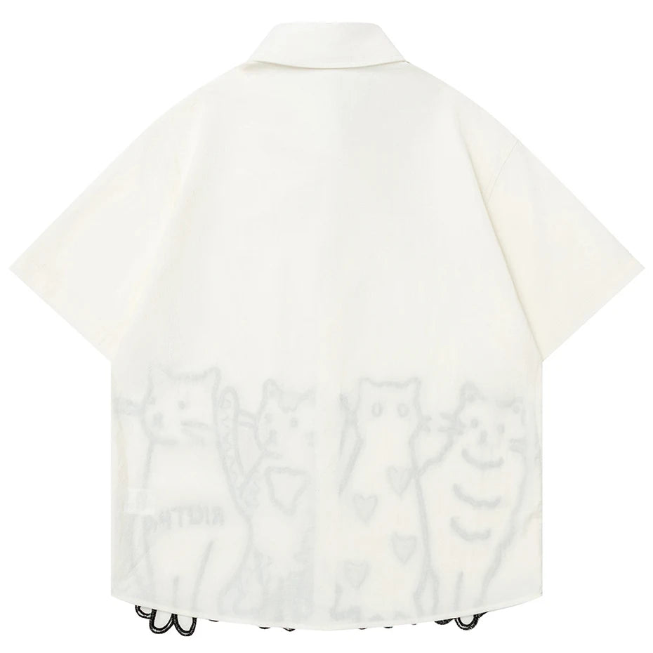 Vintage Cat Embroidered Loose Shirt — front view