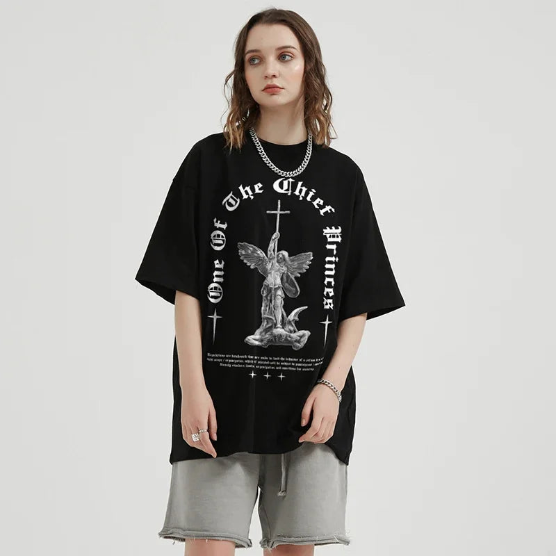 Black Cross Angel Graphic T-Shirt — detail shot