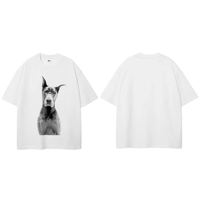 White Beige Doberman Dog Graphic T-Shirt — flat lay