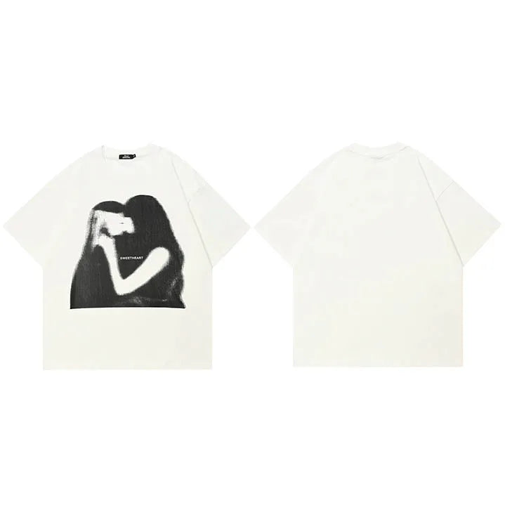Kissing White Graphic T-Shirt — fabric close-up