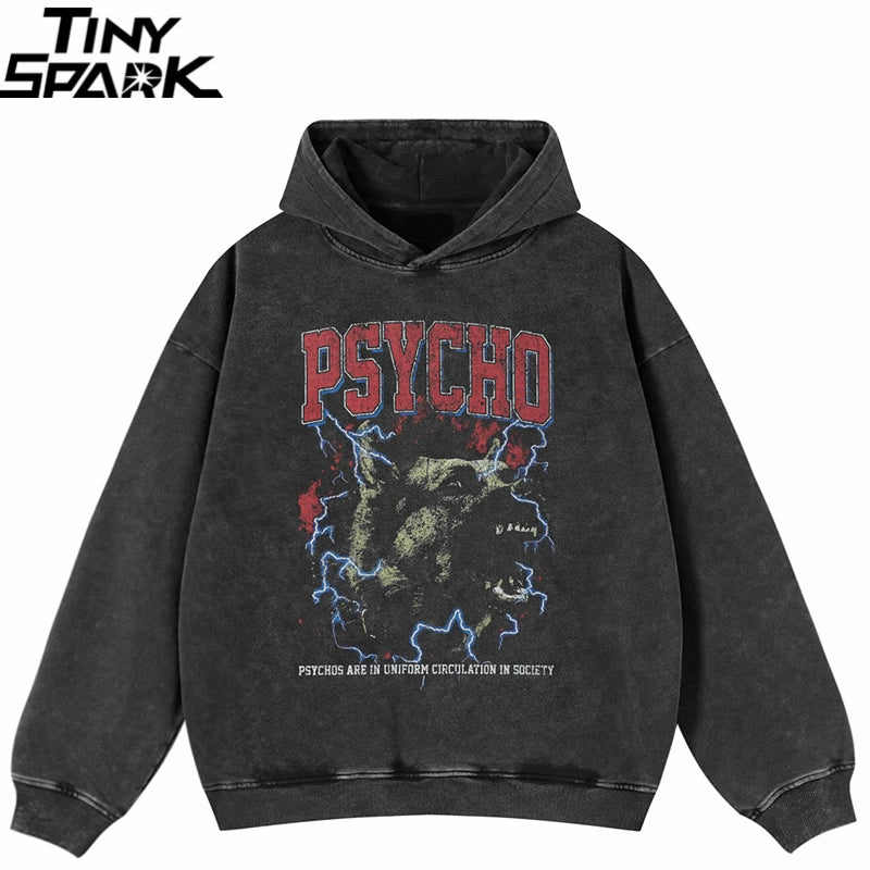 Psycho Dog Graphic Washed Black Hoodie — front view
