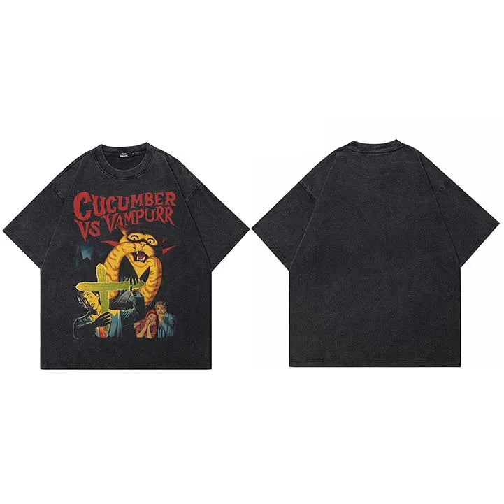 Funny Retro Black Washed T-Shirt — fabric close-up