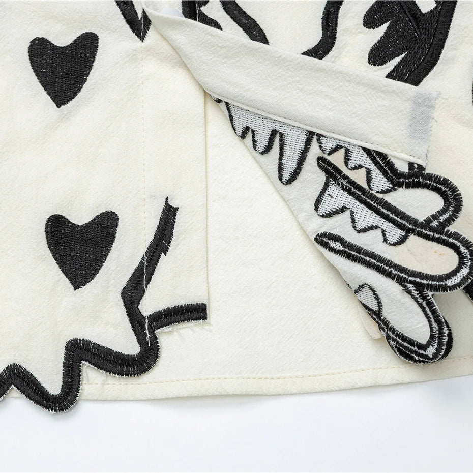 Vintage Cat Embroidered Loose Shirt — fabric close-up