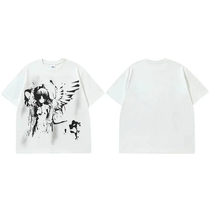 Y2K Black Anime Cartoon Graphic T-Shirt — flat lay