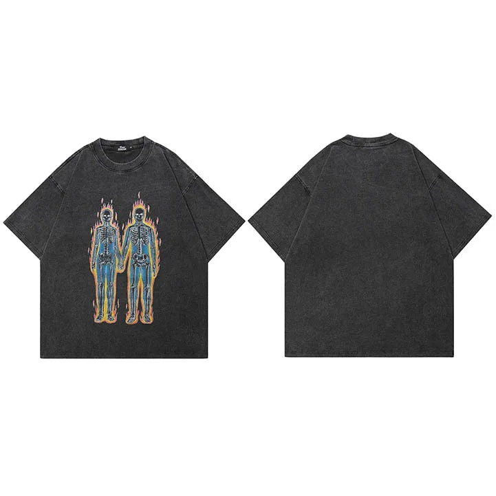 Black Skull Skeleton Graphic Oversized T-Shirt — fabric close-up