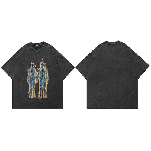 Black Skull Skeleton Graphic Oversized T-Shirt — fabric close-up