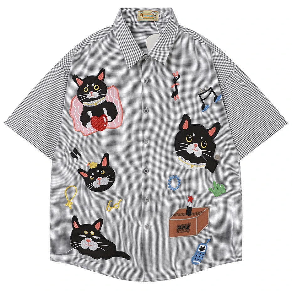 Y2K Vintage Cat Embroidered Oversized Shirt — styling shot
