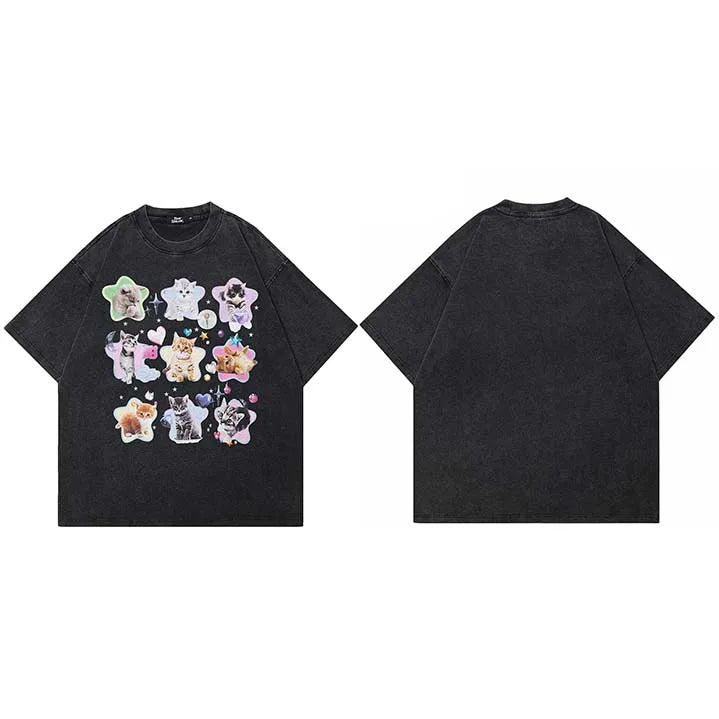 Retro Black Star Baby Cats Washed T-Shirt — fabric close-up