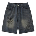 Y2K Blue Spider Cobweb Print Loose Denim Shorts — styling shot