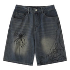 Y2K Blue Spider Cobweb Print Loose Denim Shorts — styling shot
