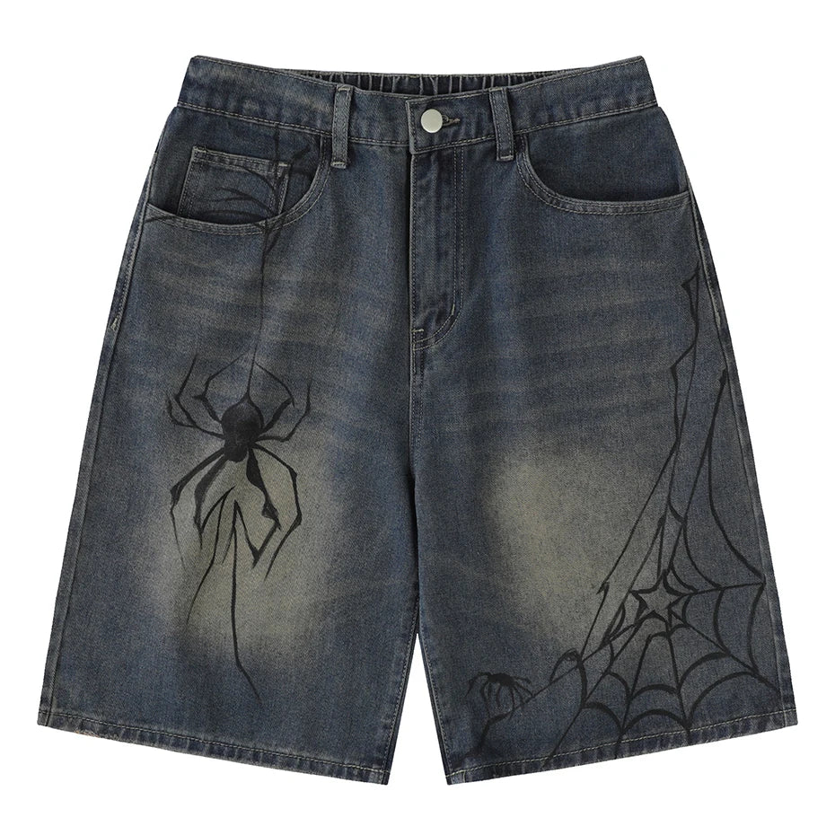 Y2K Blue Spider Cobweb Print Loose Denim Shorts — styling shot