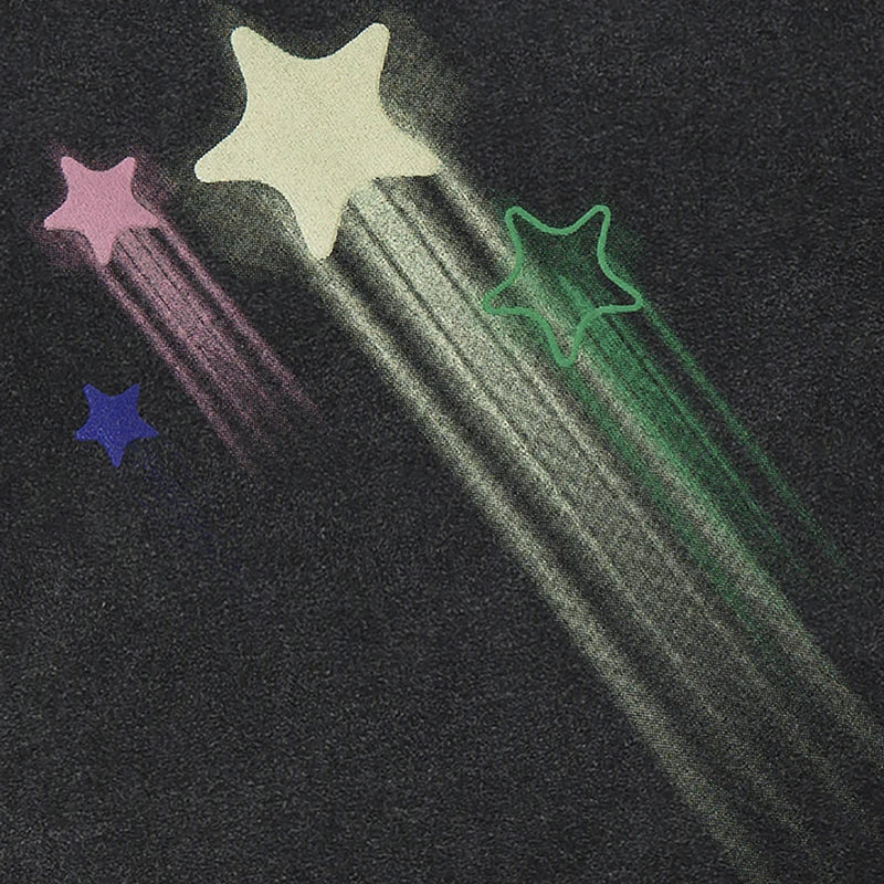 Y2K Black Cartoon Star Washed T-Shirt — front view
