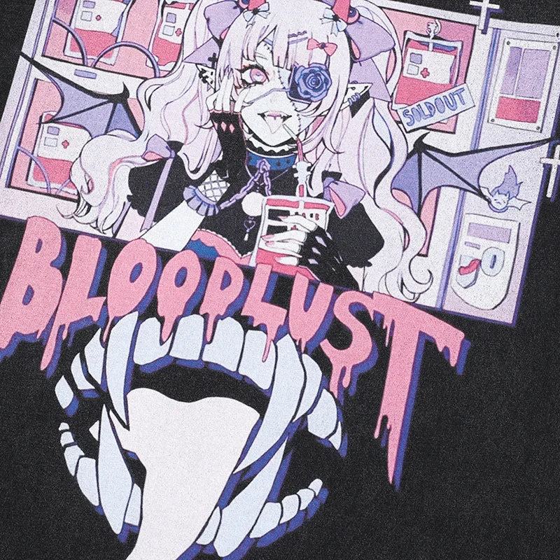 Black Anime Cartoon Washed T-Shirt — front view
