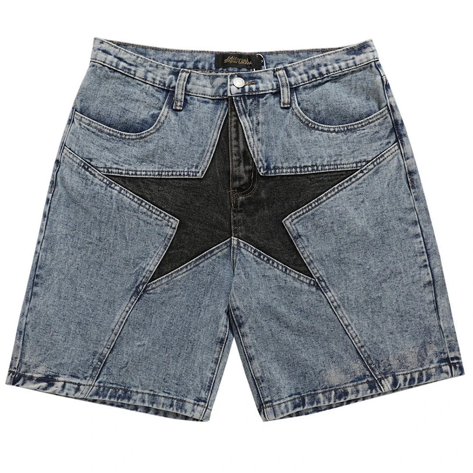 Blue Patchwork Oversized Denim Shorts — styling shot