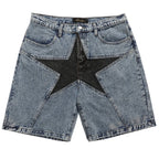Blue Patchwork Oversized Denim Shorts — styling shot