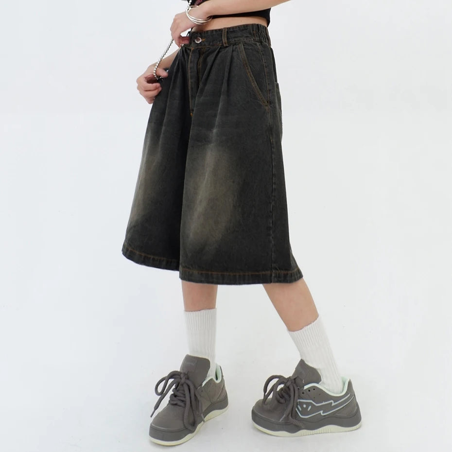 Vintage Blue Wide Leg Denim Shorts — front view