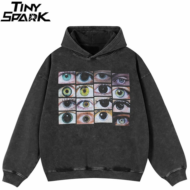 Washed Black Eyes Graphic Oversized Hoodie — front view