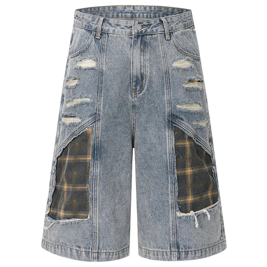 Vintage Blue Plaid Ripped Denim Shorts — styling shot