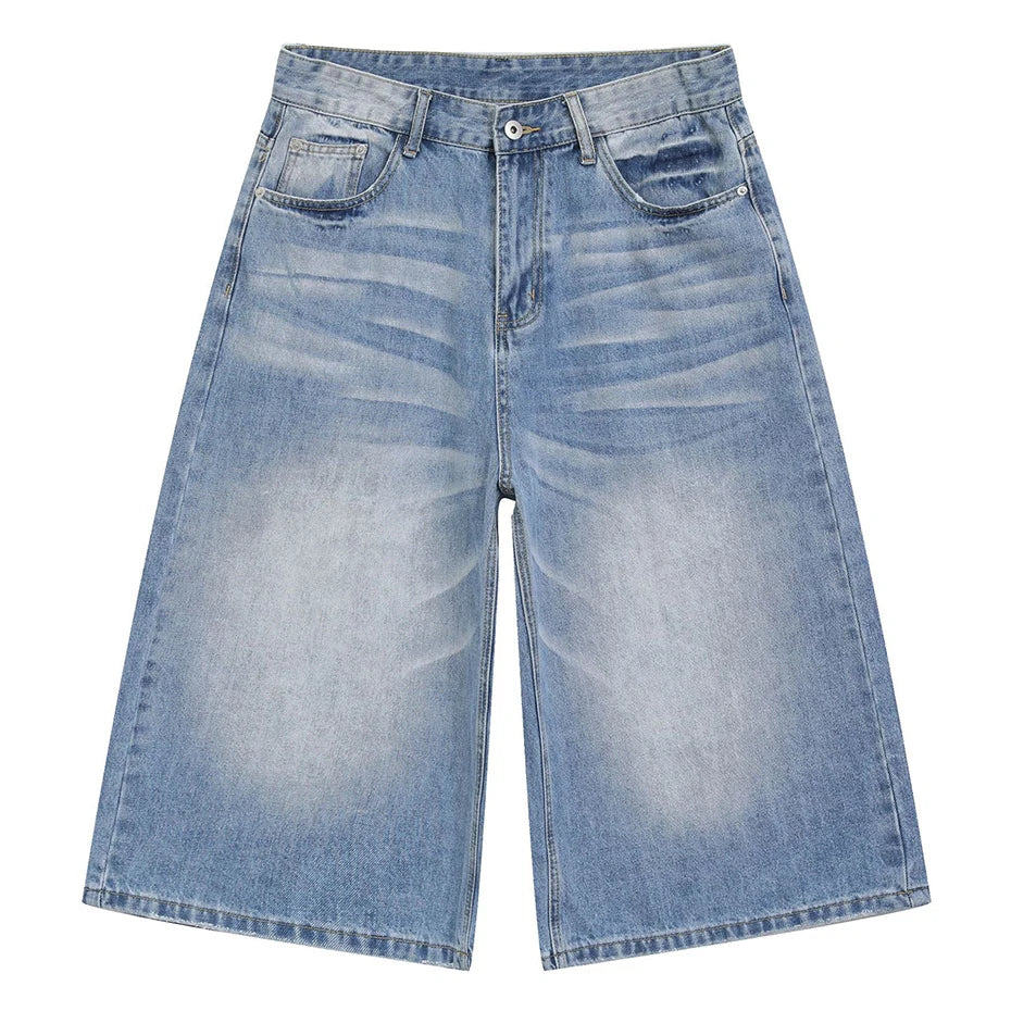 Y2K Blue Wide Leg Denim Shorts — fabric close-up